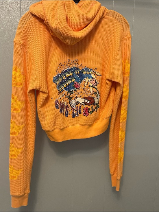Boys Lie Tops - Boys Lie Orange Waffle-Knit Long Sleeve Hoodie with Embroidered Graphic